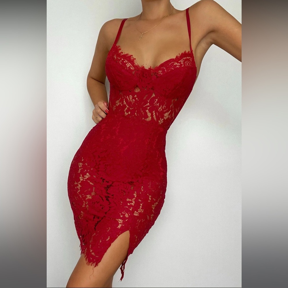 Sexy Red Lace Dress With High Slit Fashion Nova Split Hem See Through Medium